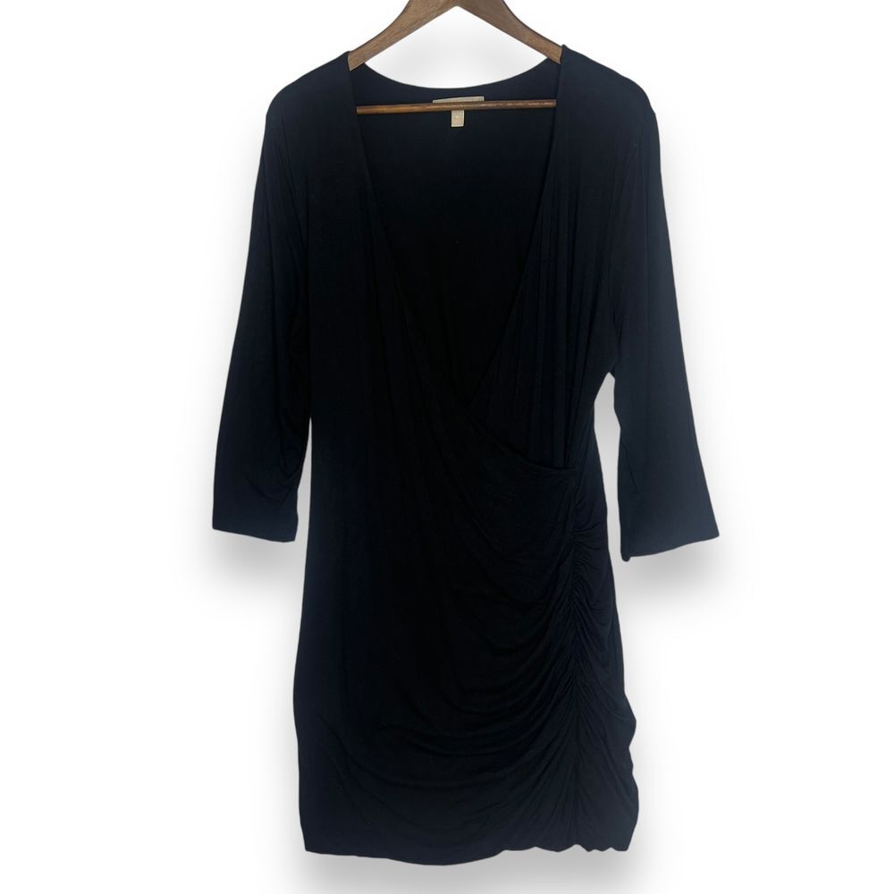 Banana Republic Black Faux Wrap Dress Jersey Knit‎ Ruched Side 3/4 Sleeve XL